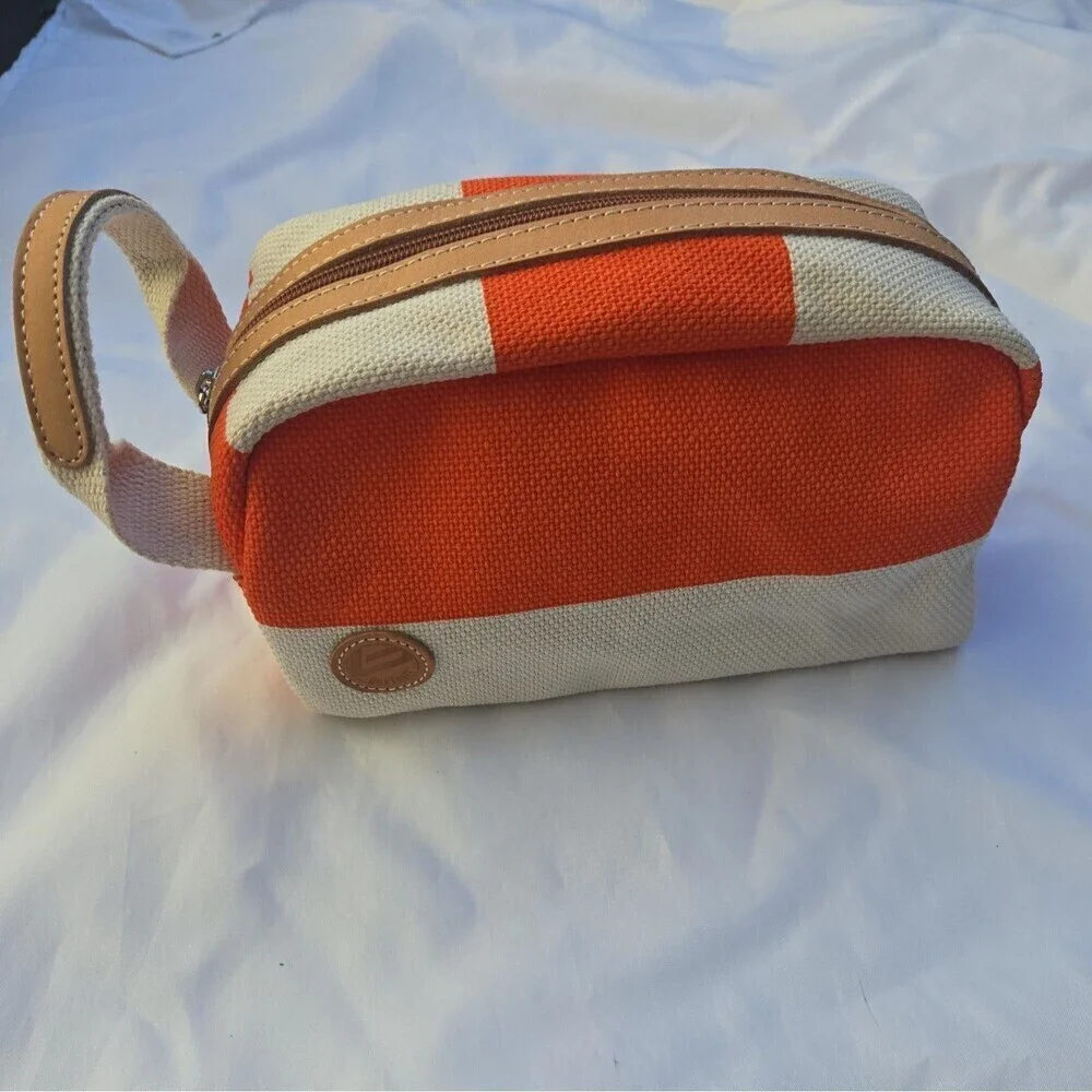 Bonfanti Borse Cotton W Leather Trim Toiletry Makeup Cosmetic Travel Bag orange